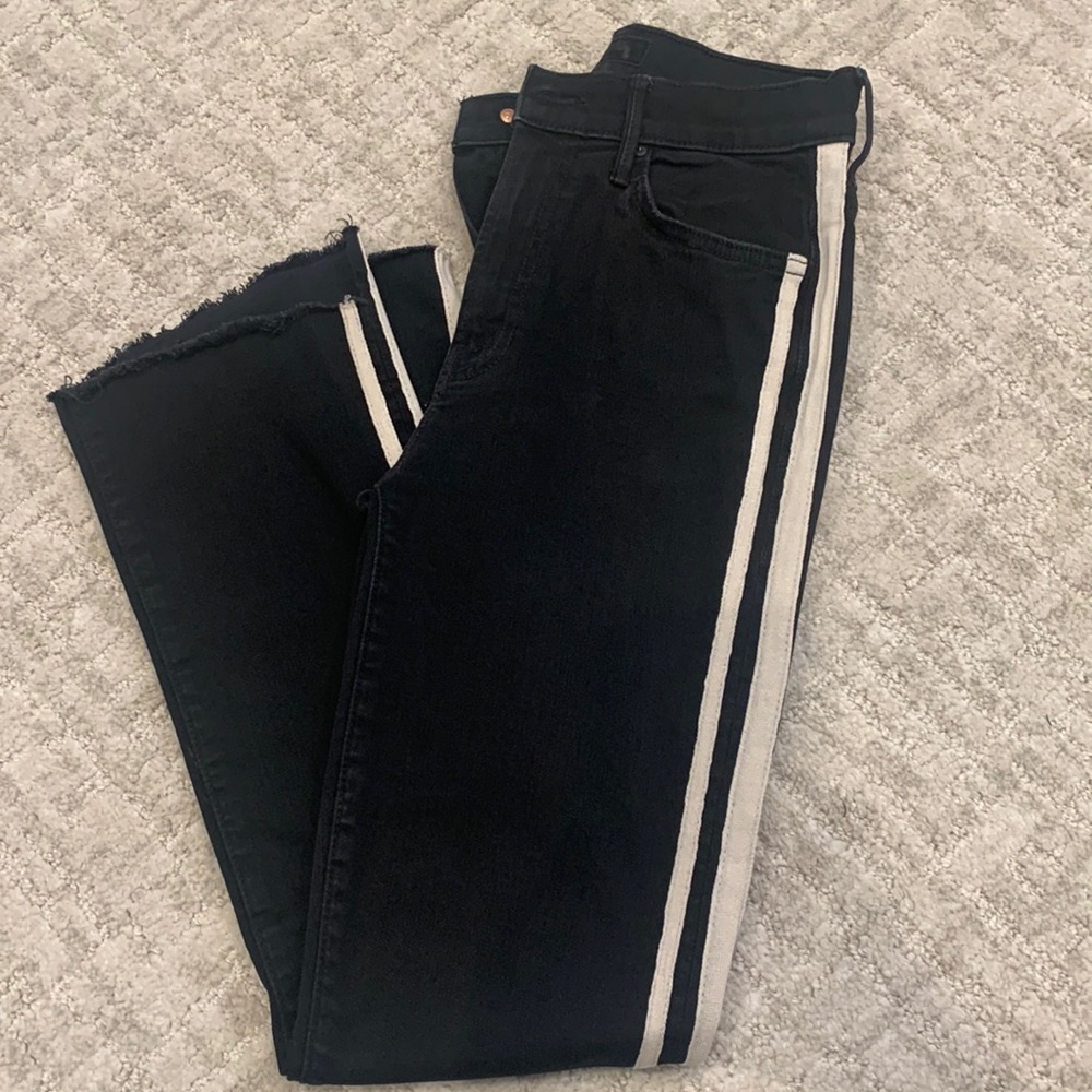 Womens Mother Insider crop step fray black jeans with crème racing stripe -